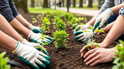 Volunteers plant trees caring for nature and environment future generations benefit