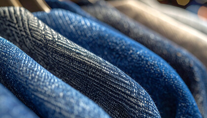 Textile display of Fashionable jackets: A close-up perspective showcases a row of neatly hung stylish jackets, their fabrics displaying diverse textures and hues of blue.