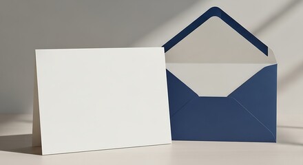 Blank White Greeting Card and Blue Envelope Mockup.