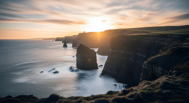A view of cliffs of moher at sunset with the sun shining through the clouds and the ocean water below