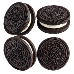 Four chocolate sandwich cookies with detailed embossed patterns and creamy filling, isolated