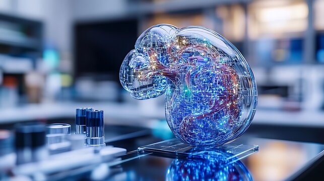 Futuristic Science Lab with Transparent Brain Model.