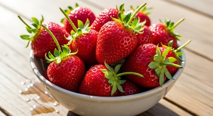 Bowl of Fresh Strawberries on Wooden Table.