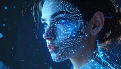 A futuristic portrait of a woman with glowing blue digital patterns overlaying her face. The scene is bathed in cool tones with bokeh