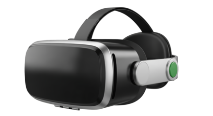 Virtual reality headset with black strap and silver accents isolated on a transparent background