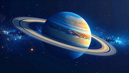 A digitally created celestial image of a large, gas giant planet with prominent rings set against a backdrop of a star-filled galaxy