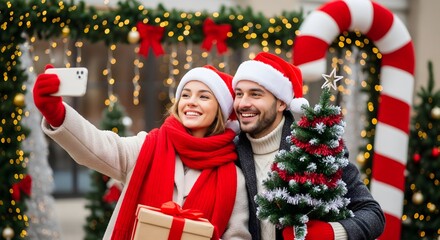 Couple in Christmas attire taking a cheerful selfie outdoors, holding gift boxes and a mini tree surrounded by candy cane decorations, twinkling golden lights, and festive spirit.