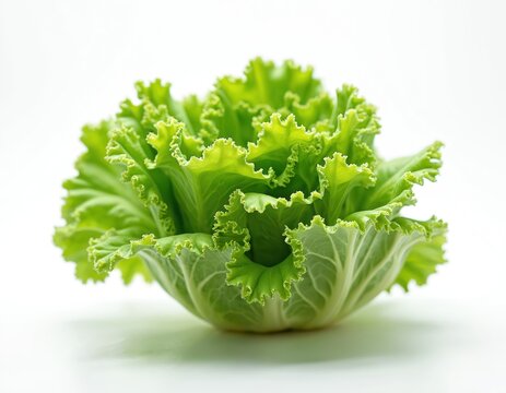 Fresh green lettuce leaves isolated on white background. Crisp leafy vegetable with curly edges. Healthy food ingredient for salad. Close-up view of lettuce head. Organic produce for nutrition,