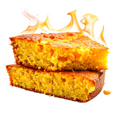 Two squares of golden, corn-filled baked good, with stylized flame-like effects
