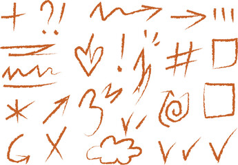 Collection of neon light drawn symbols arrows shapes and numbers illuminated on a dark surface for creative design