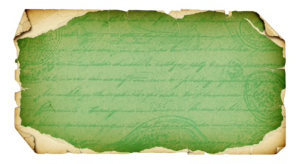 vintage greenish torn paper scrap with faded ink texture, aged and stained look, transparent background
