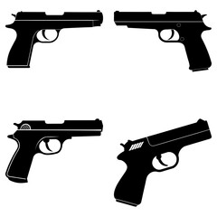 Four black silhouette handgun illustrations on a white background in varying orientations and designs