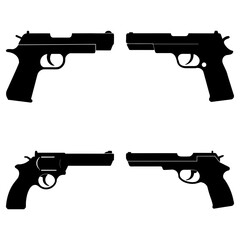 Four black pistol silhouettes arranged symmetrically on a white background showcasing different gun designs