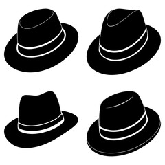 Four black fedora hats with white bands arranged in a square pattern on a white background in a graphic style