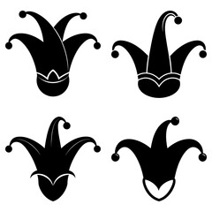 Four black jester hats with bells isolated on a white background in a simple vector graphic design style