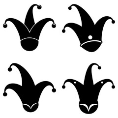 Four jester hats with bells in black and white design, suitable for carnival or festive celebrations