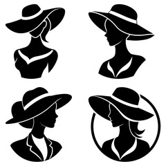 Four silhouette portraits of women wearing wide brimmed hats in various elegant outfits and hairstyles