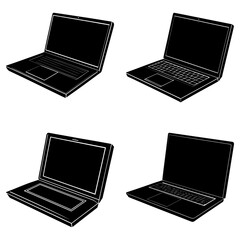 Four black and white laptop computers in different angles with screens open on a white background