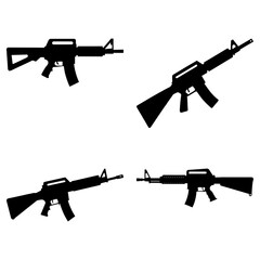 Four black rifle silhouettes arranged on a white background in a square formation with varied orientations
