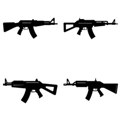 Silhouettes of four assault rifles in a square arrangement against a white background showing firearm designs