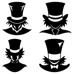 Four stylized depictions of figures wearing top hats in black and white silhouette illustrations art