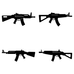 Four black silhouette illustrations of assault rifles with different stock designs on a white background