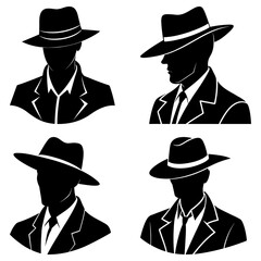 Four silhouettes of men wearing fedora hats and suits in different poses and orientations shown here
