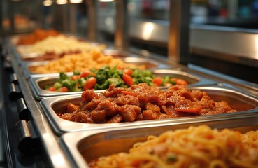 Obraz premium Assorted dishes in chafing trays at a self service restaurant. Food selection includes pasta, vegetables, and meat dishes. Various meals are prepared for hungry customers.