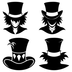 Collection of four stylized black and white top hats with various designs and character silhouettes