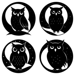 Four owl silhouettes against moon and star backgrounds in circular graphic arrangements that are stylized
