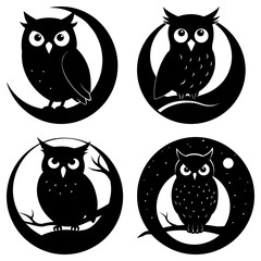 Four owl silhouettes perched on crescent moons and branches in circular designs black and white art