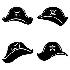 Four black pirate hats with white skull and crossbones in various orientations on a white background