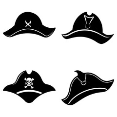 Illustration of four black pirate tricorn hats with various designs on a white background image view