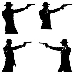 Four silhouette figures of men in hats and coats pointing guns in different directions on white background
