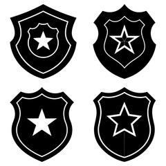 Four black and white shields with stars representing law enforcement and security symbols in a grid format