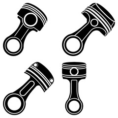 Four black engine pistons in different orientations on a white background display the mechanics parts