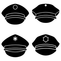Illustration of four black peaked caps with different badge designs on a white background in silhouette