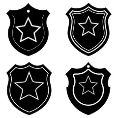 Four black and white police badge icons with a star inside each shield shape in a vector graphic