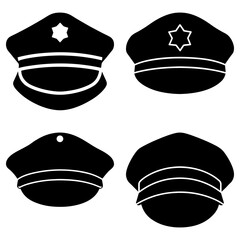 Illustration of four black police hats with different star badges and band designs on a white background