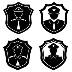 Four police officer emblems displayed in a grid pattern with a shield background and black and white color scheme