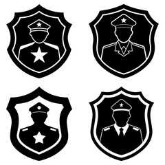 Four black and white shields displaying police officers in uniform with hats and badges in a vector art style
