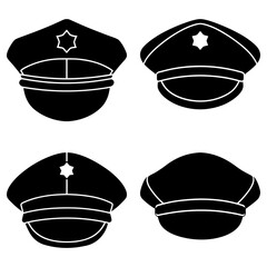 Four black police hats with star badges arranged in a square format on a white background display design