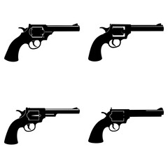 Four black revolver illustrations arranged in a square pattern on a white background showing different angles