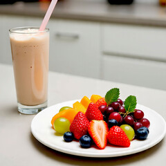 Fruits on a plate and a protein shake, healthy breakfast