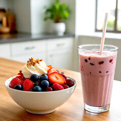 bowl of fruits with yogurt and protein shake