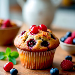 Cherry muffin and blueberries