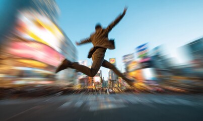 Energetic Businessman Jumping in City Street, Motion Blur, Success Concept.