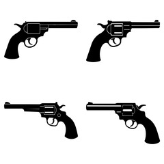 Four black silhouette revolvers arranged on a white background in a symmetrical and organized manner