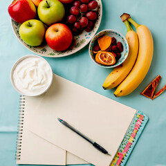 Kitchen table with note pad and fruits