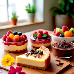 Healthy desserts, fruit cake with berries, chocolate cake, cheesecake